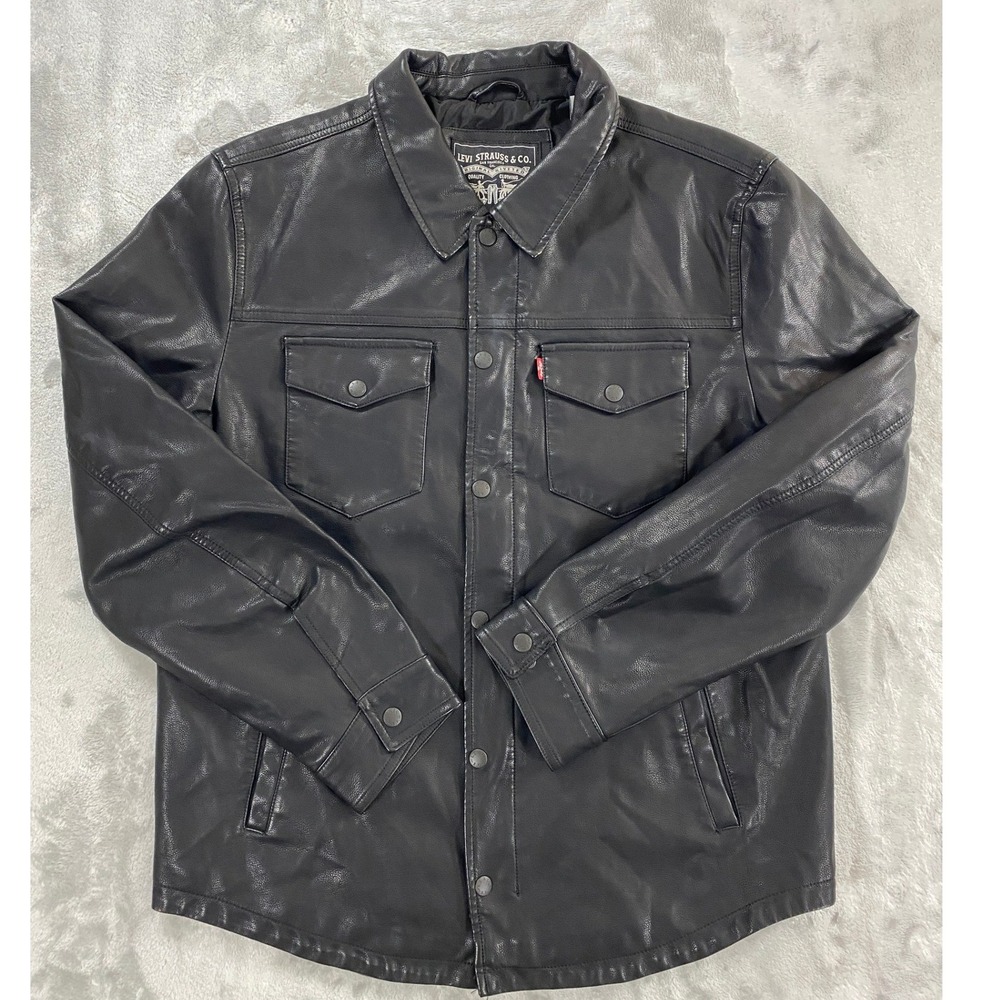 Levi's Faux Leather Trucker Jacket Mens Medium Black Moto Streetwear LM0MU264